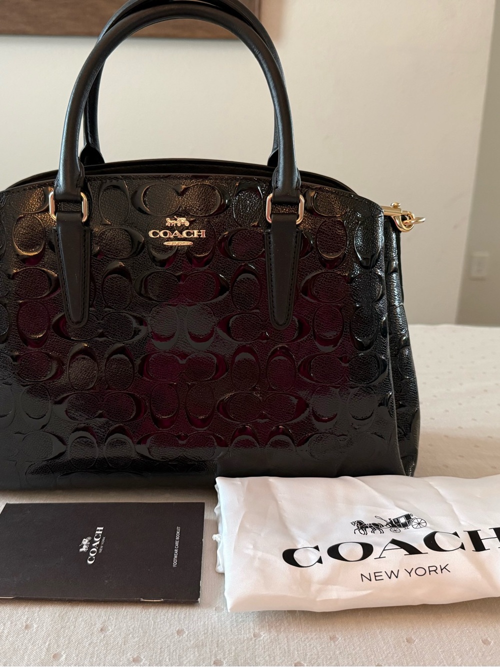 Coach Black Glossy Patent Signature Dome Satchel with Gold Hardware